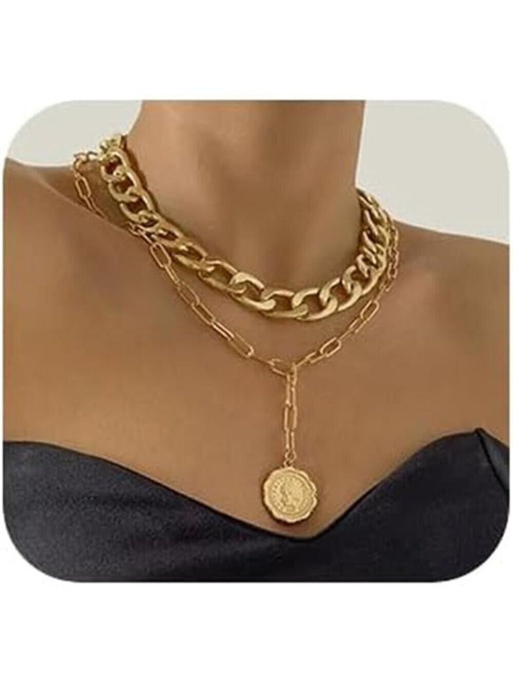 Women Gold Cuban Chunky Layered Necklace Paperclip Chain Coin Pendant